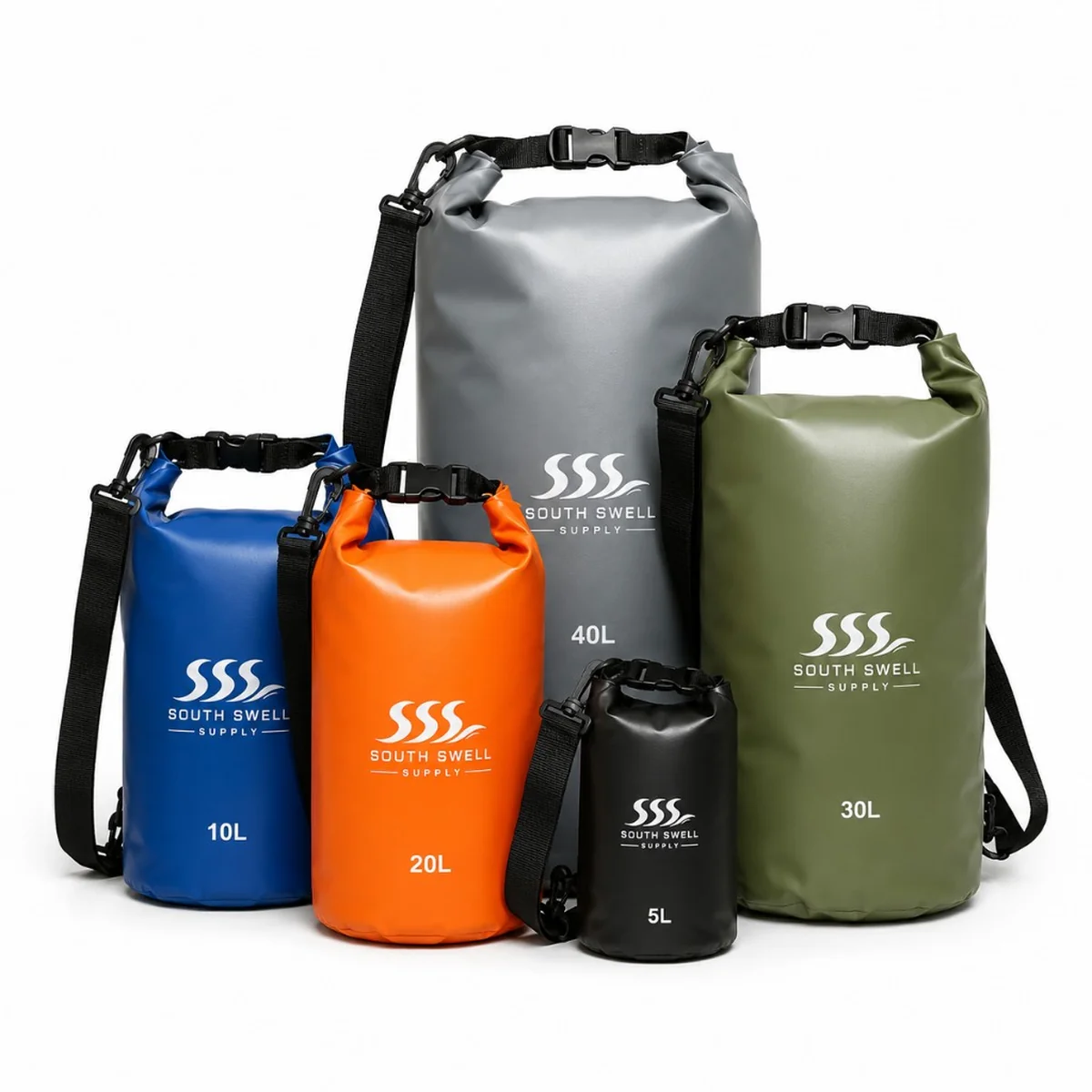 South Swell Supply waterproof dry bags in 5L, 10L, 20L, 30L and 40L — roll-top PVC sacks with shoulder straps and custom branding for NZ and AU outdoor retailers.