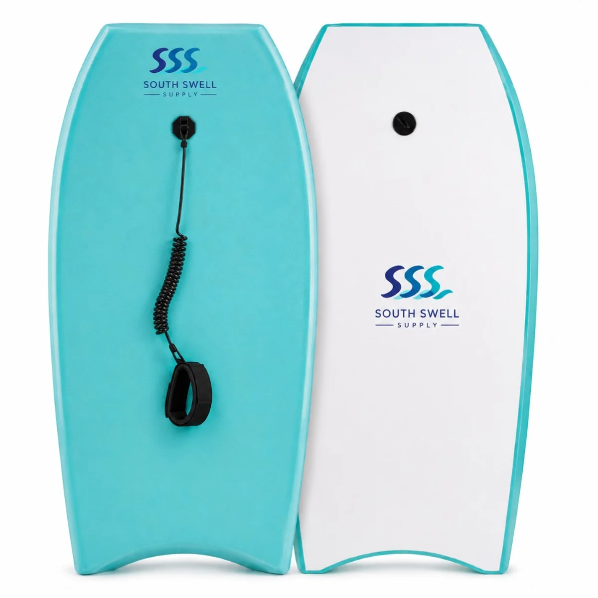 Custom branded turquoise bodyboard with South Swell Supply logo, coiled leash and crescent tail — OEM bodyboards for NZ and AU retailers and holiday parks.