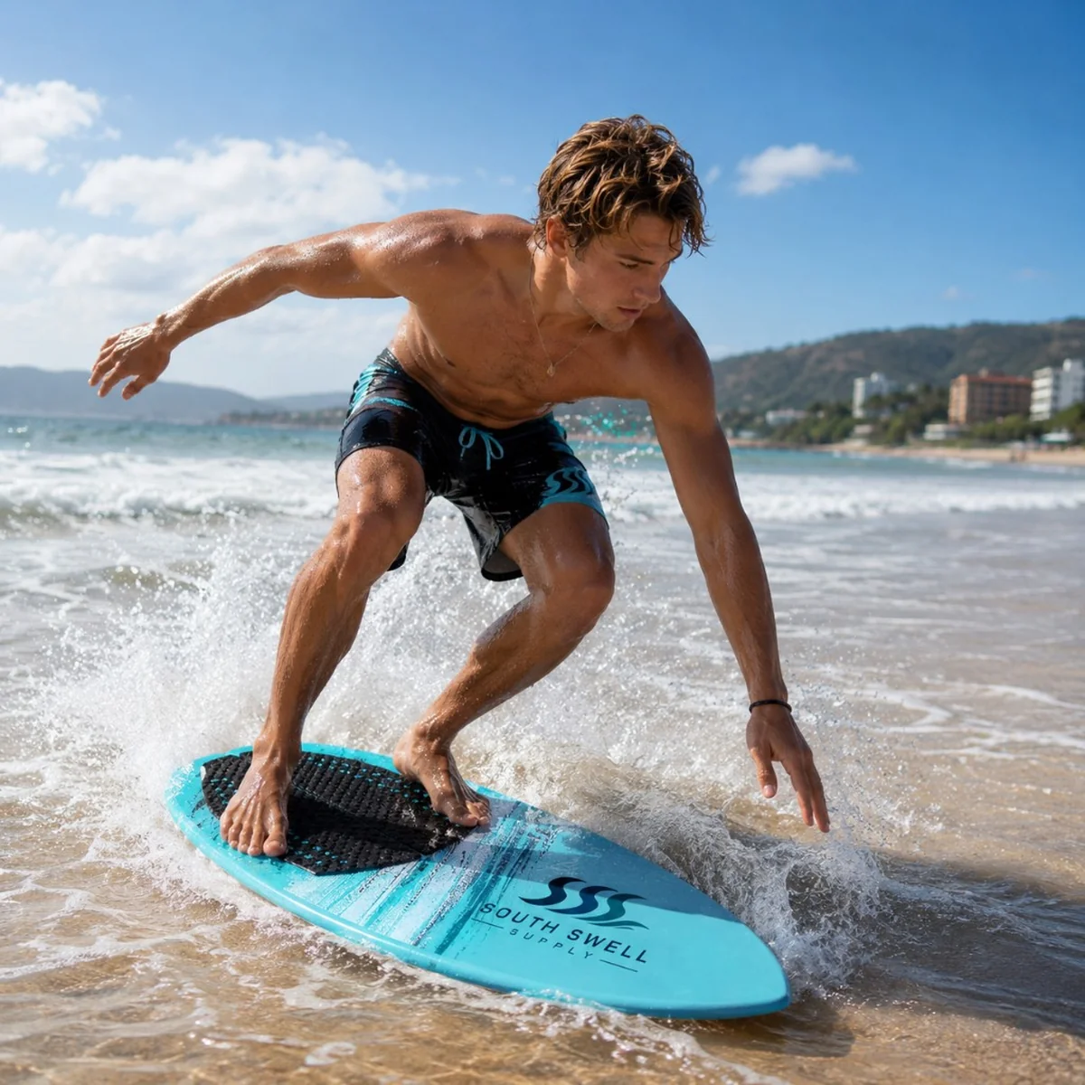 Man skimboarding on a sunny beach on a branded South Swell Supply skimboard — lifestyle use for surf shops and holiday park retailers in New Zealand and Australia.