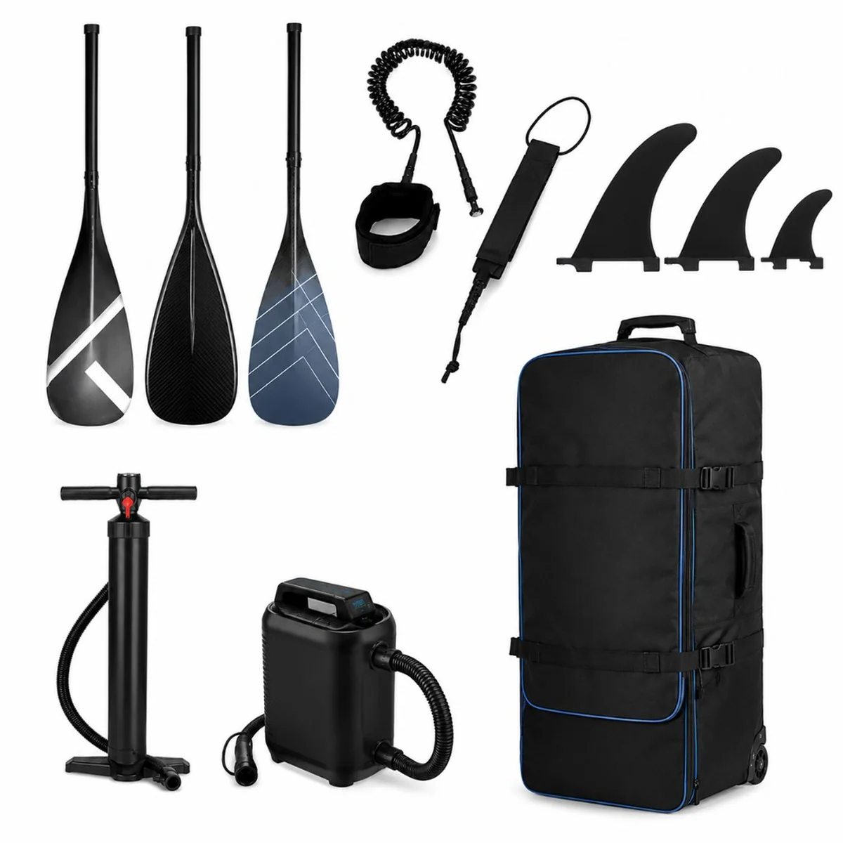 Complete SUP accessory kit with carbon and graphic paddle blades, coiled leash, fins, manual and electric pumps, and rolling board bag — OEM accessories for NZ and AU retailers.