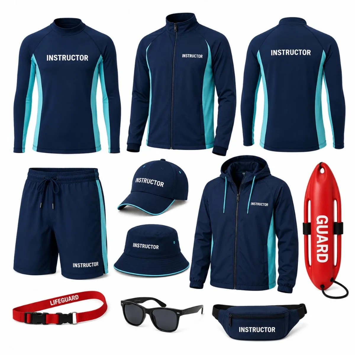 Instructor and lifeguard uniform set — rash guards, jackets, board shorts, caps, rescue buoy and belt in navy and teal with custom branding.