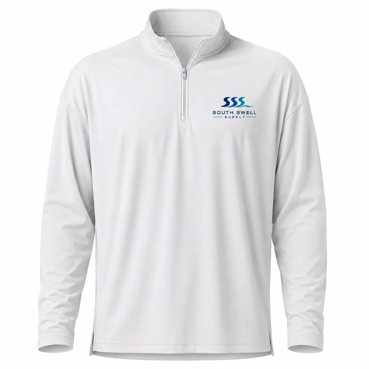 White long-sleeve quarter-zip UV sun protection top with South Swell Supply branding — UPF 50+ cover-up for beach, tourism and resort programmes.
