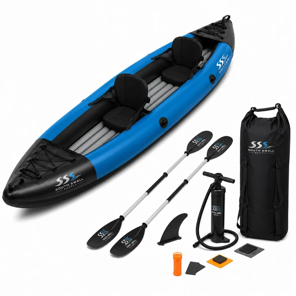 South Swell Supply two-person inflatable kayak full retail package — tandem kayak, double paddles, high-pressure pump, fin, repair kit and wheeled carry bag for NZ and AU retailers.